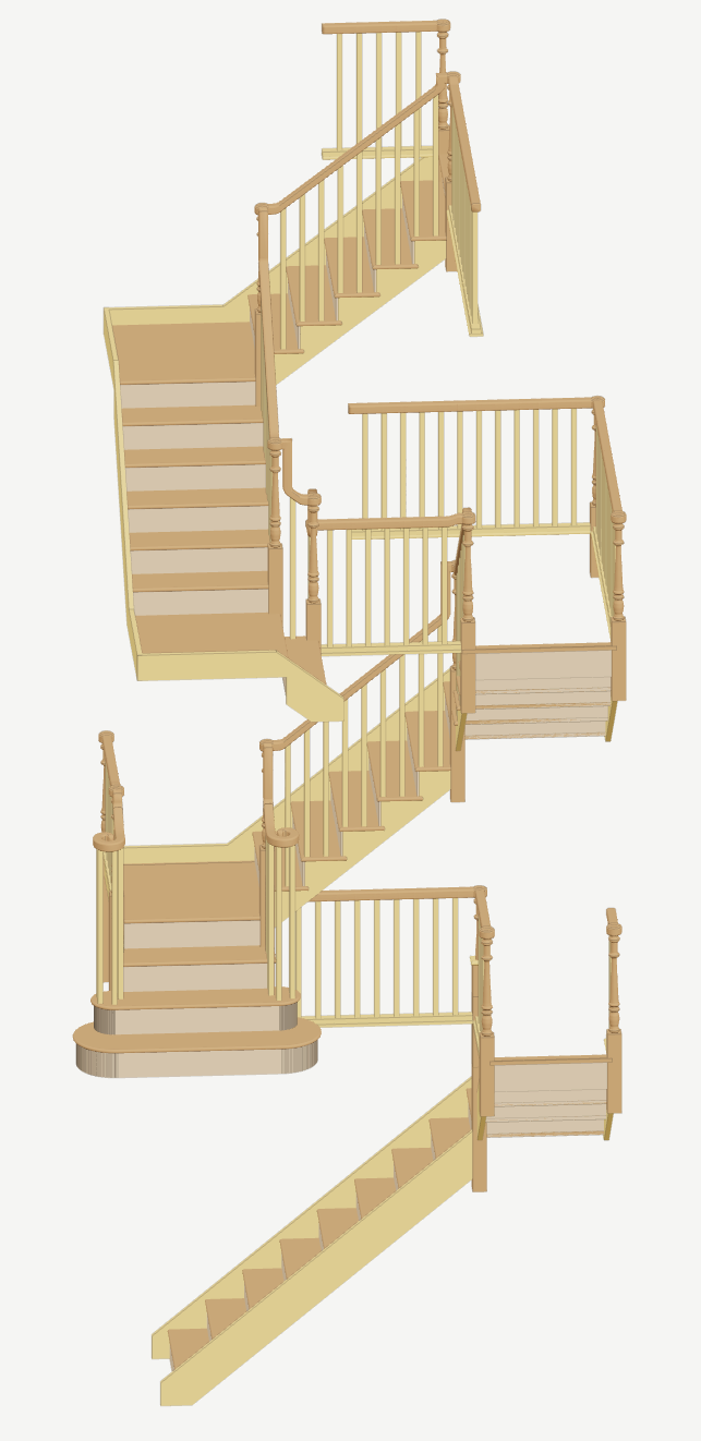 3D staircase design showing multiple flights, landings and balustrades.