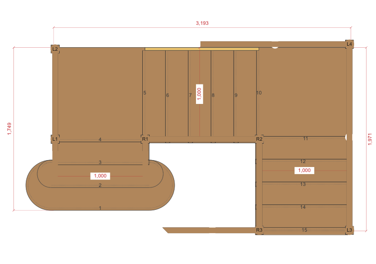 Dimensioned plan of a staircase with turning landings, tread numbering and overall dimensions.