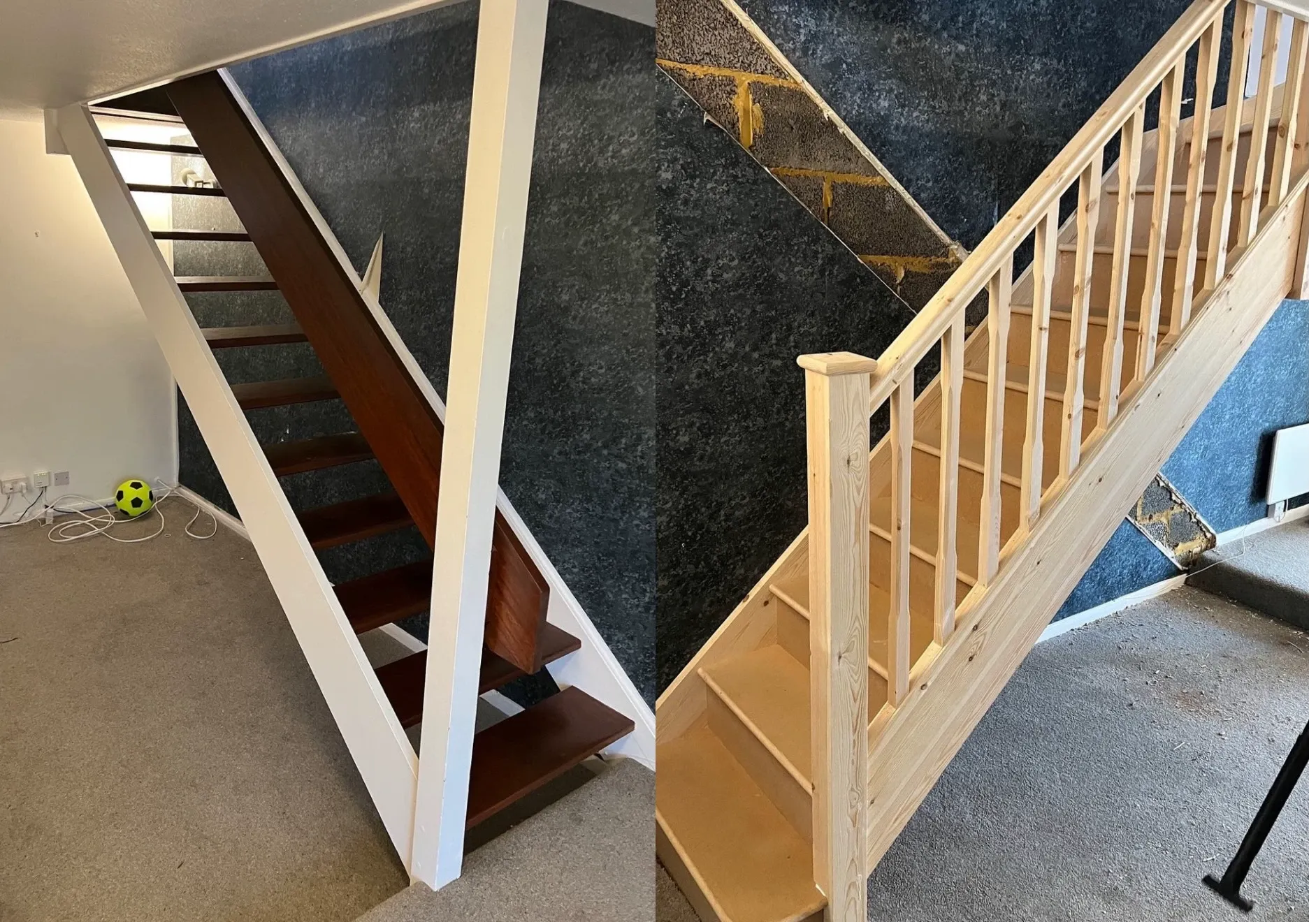 Before and after of a staircase renovation: dark wood open risers transformed into a light wood staircase with closed risers and balustrades.