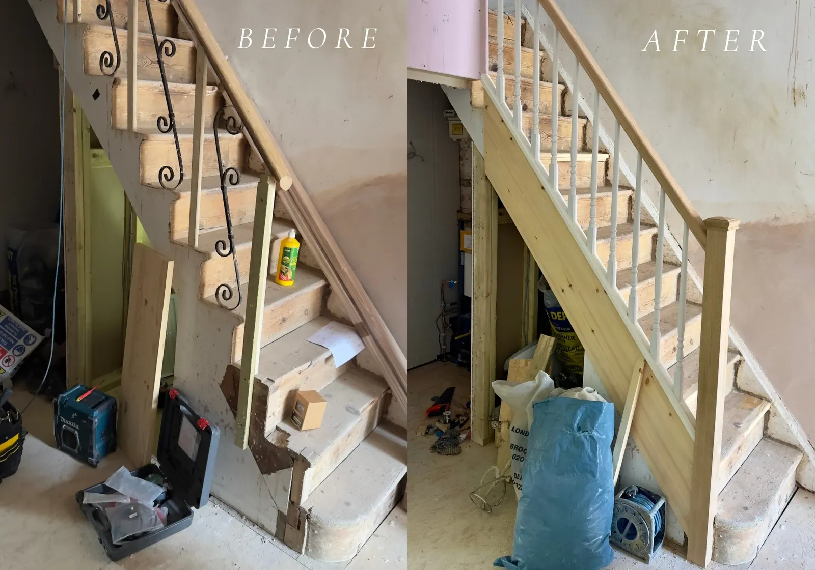 Before and after staircase renovation replacing black metal spindles with wooden posts and white balustrades for a fresh look.