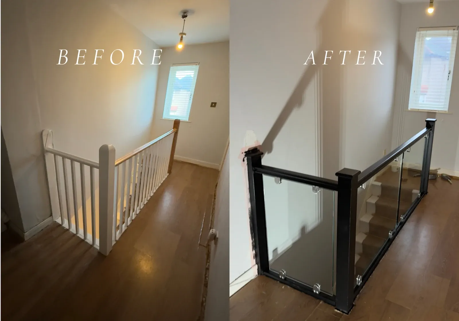 Before and after staircase renovation featuring a transition from white spindles to a modern black frame with glass panels.