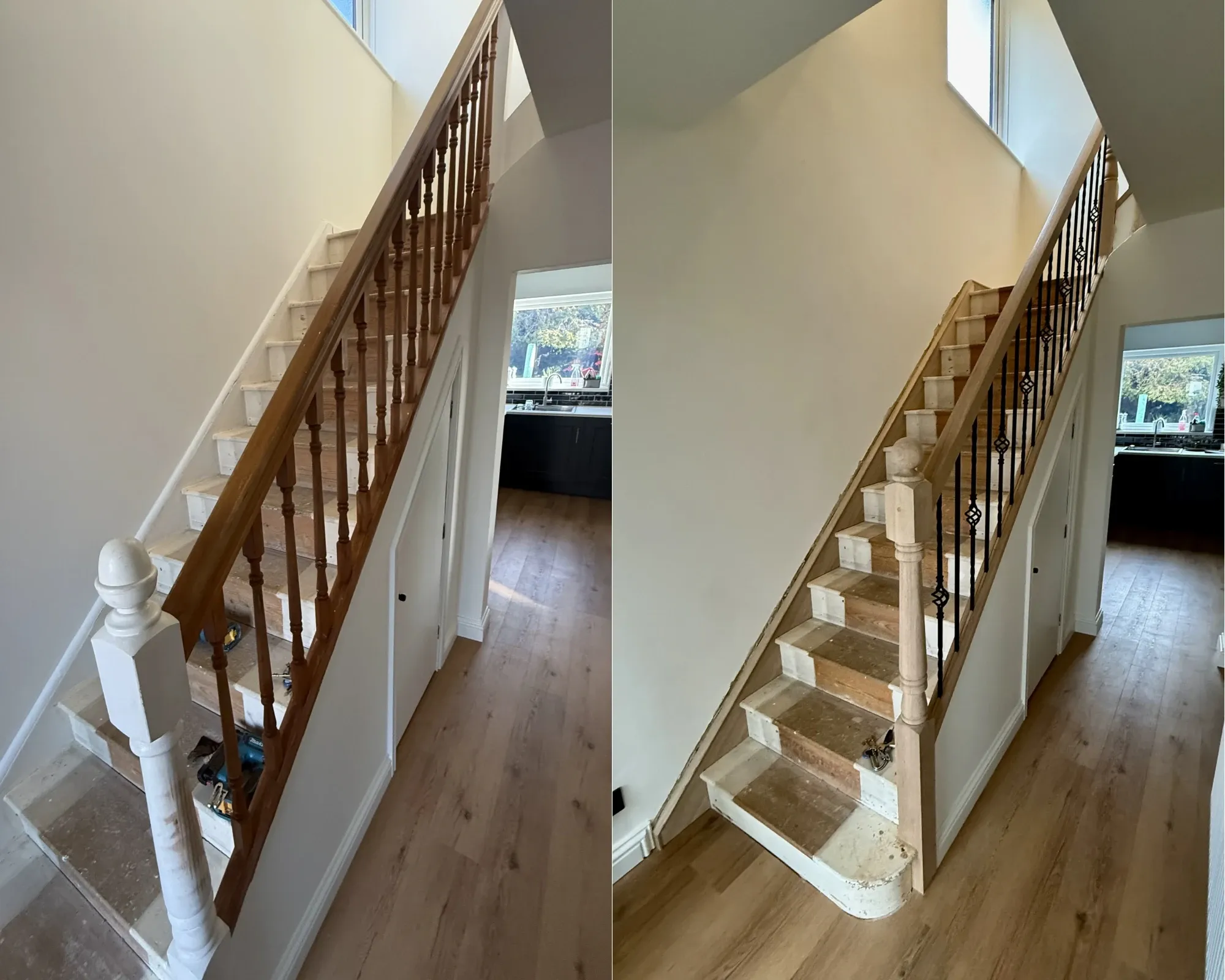 Staircase refurbishment in Kent with new wooden staircases and black metal balustrades installed by local staircase specialists.