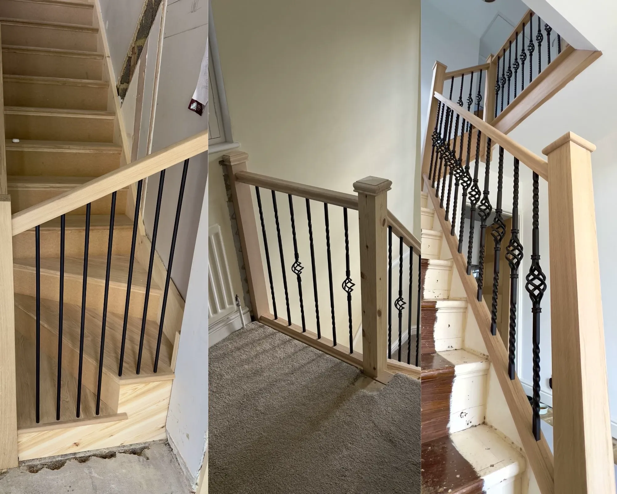 Kent staircases with wooden staircases and black metal balustrades showing bespoke staircase refurbishment by local stair builders.