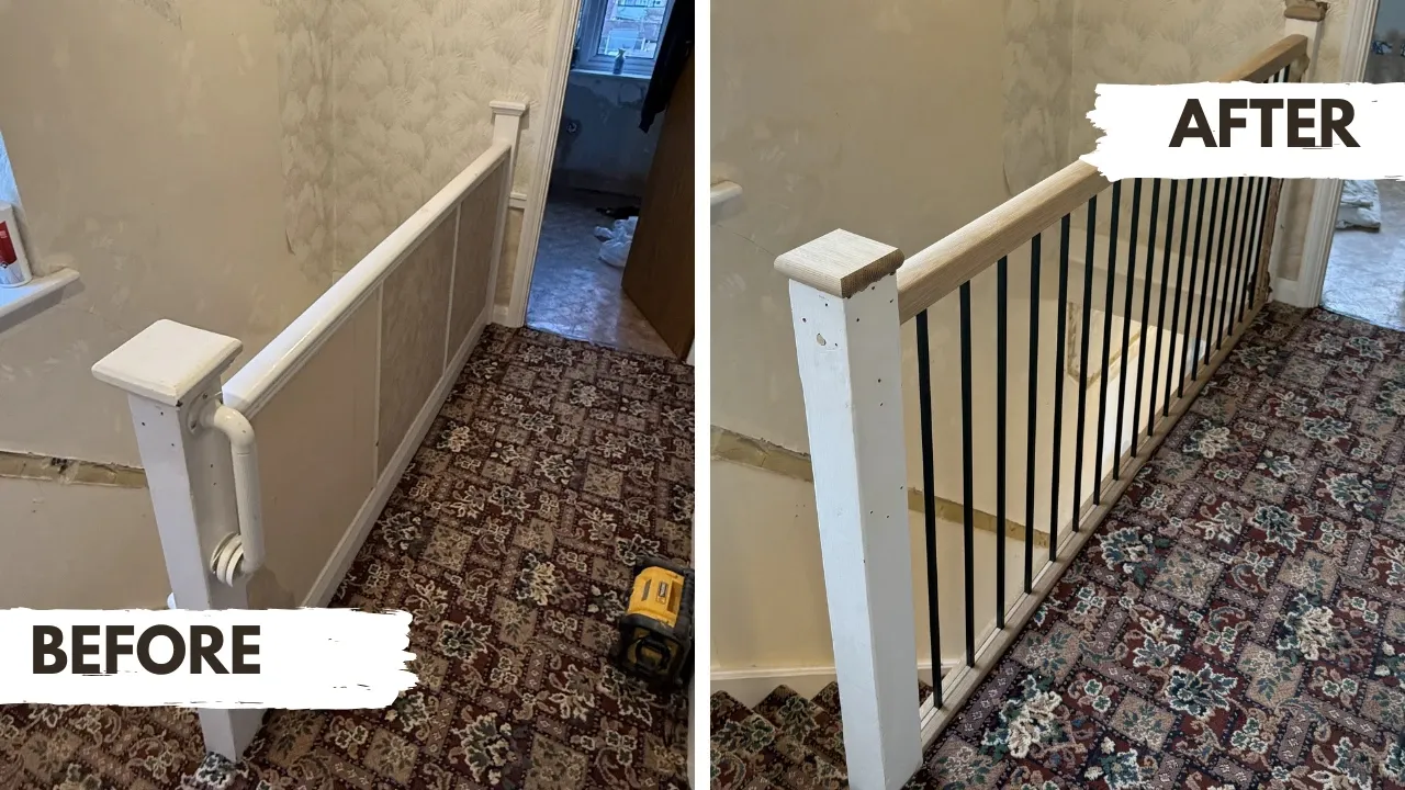 Staircase refurbishment in Kent replacing boxed balustrade with wooden handrail and black spindles by local staircase specialists.
