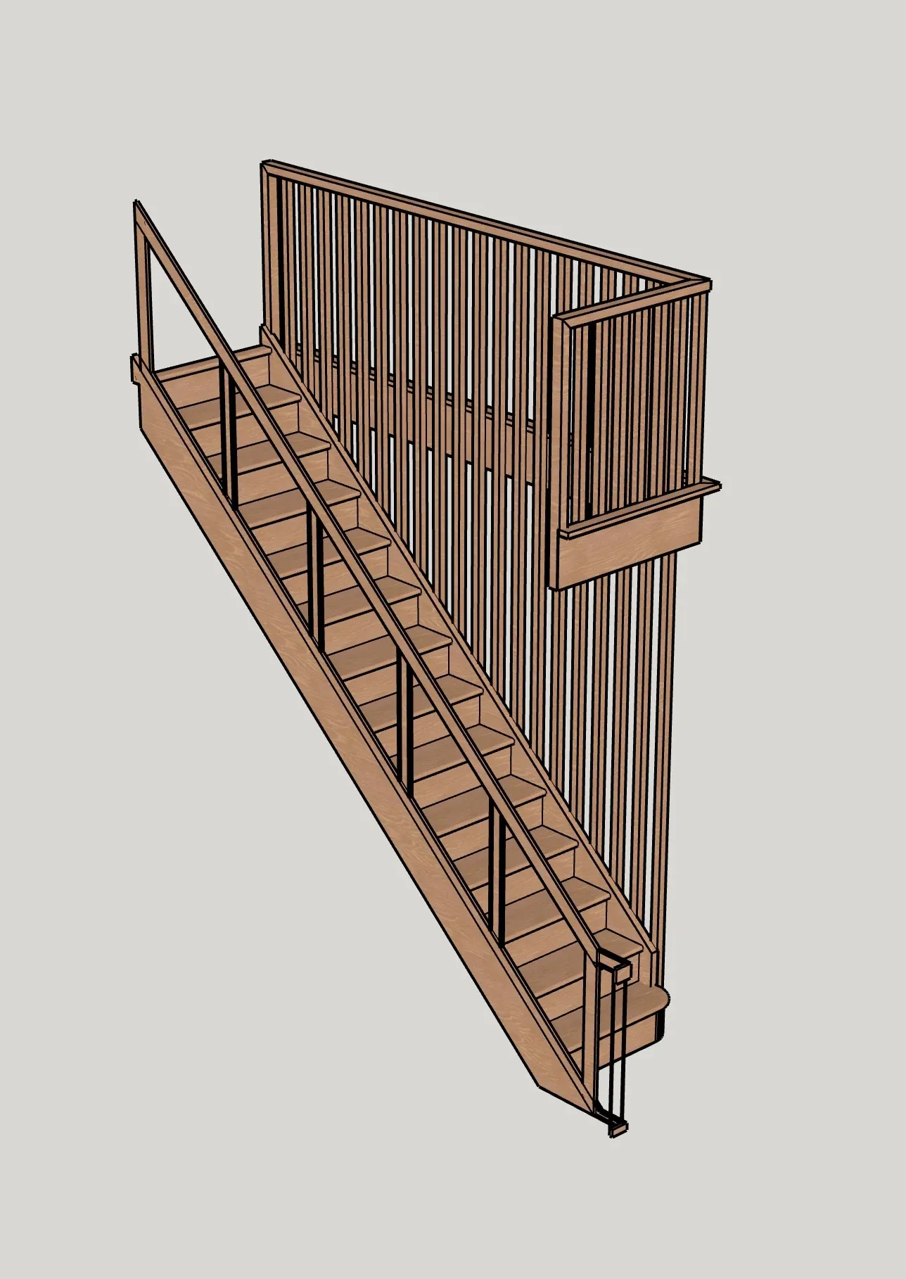 3D design of a bespoke wooden staircase with vertical balustrades by Kent staircase specialists for precision stair installation.