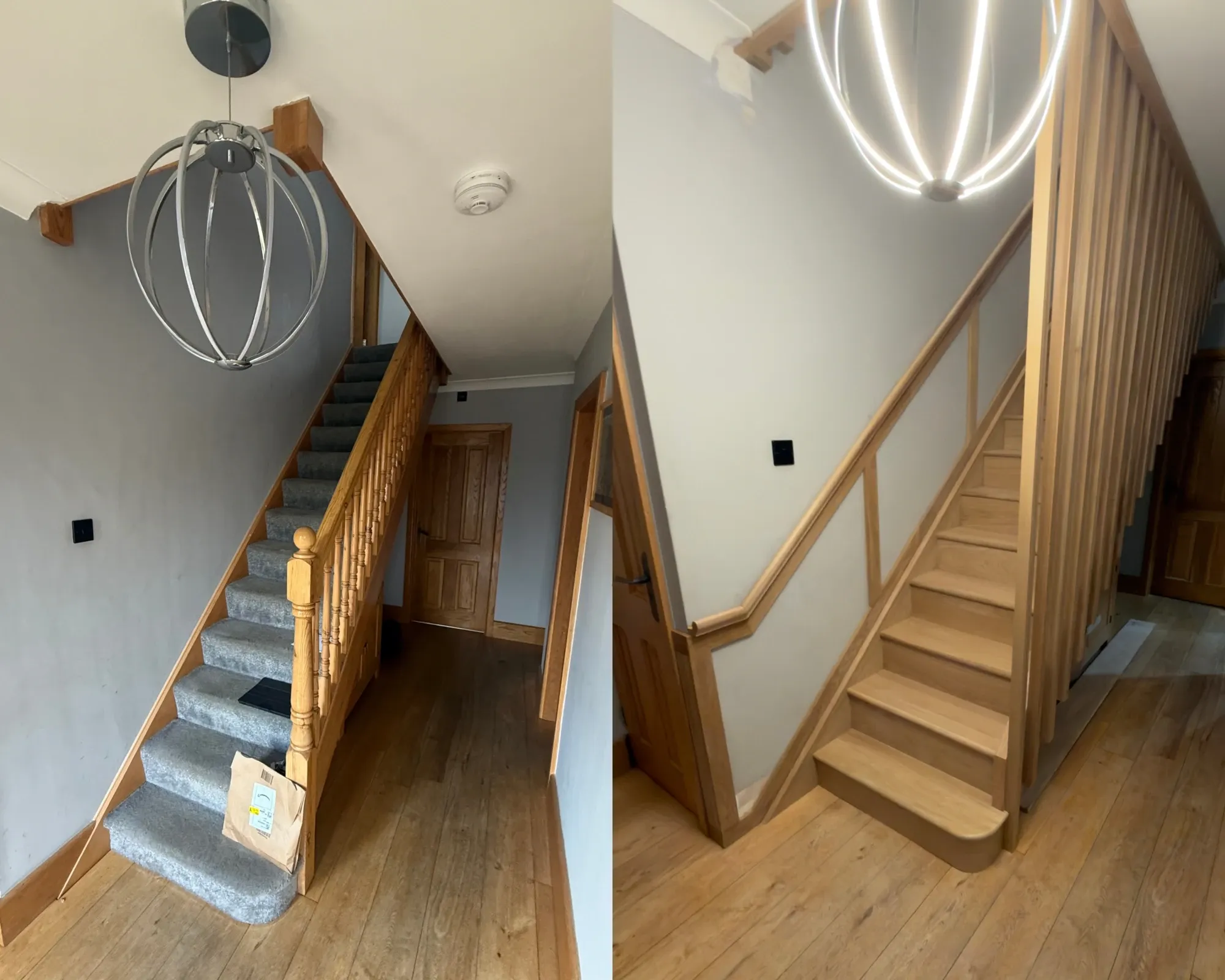 Before and after staircase refurbishment: wooden staircase rebuilt with oak treads and balustrades by Kent stair builders.