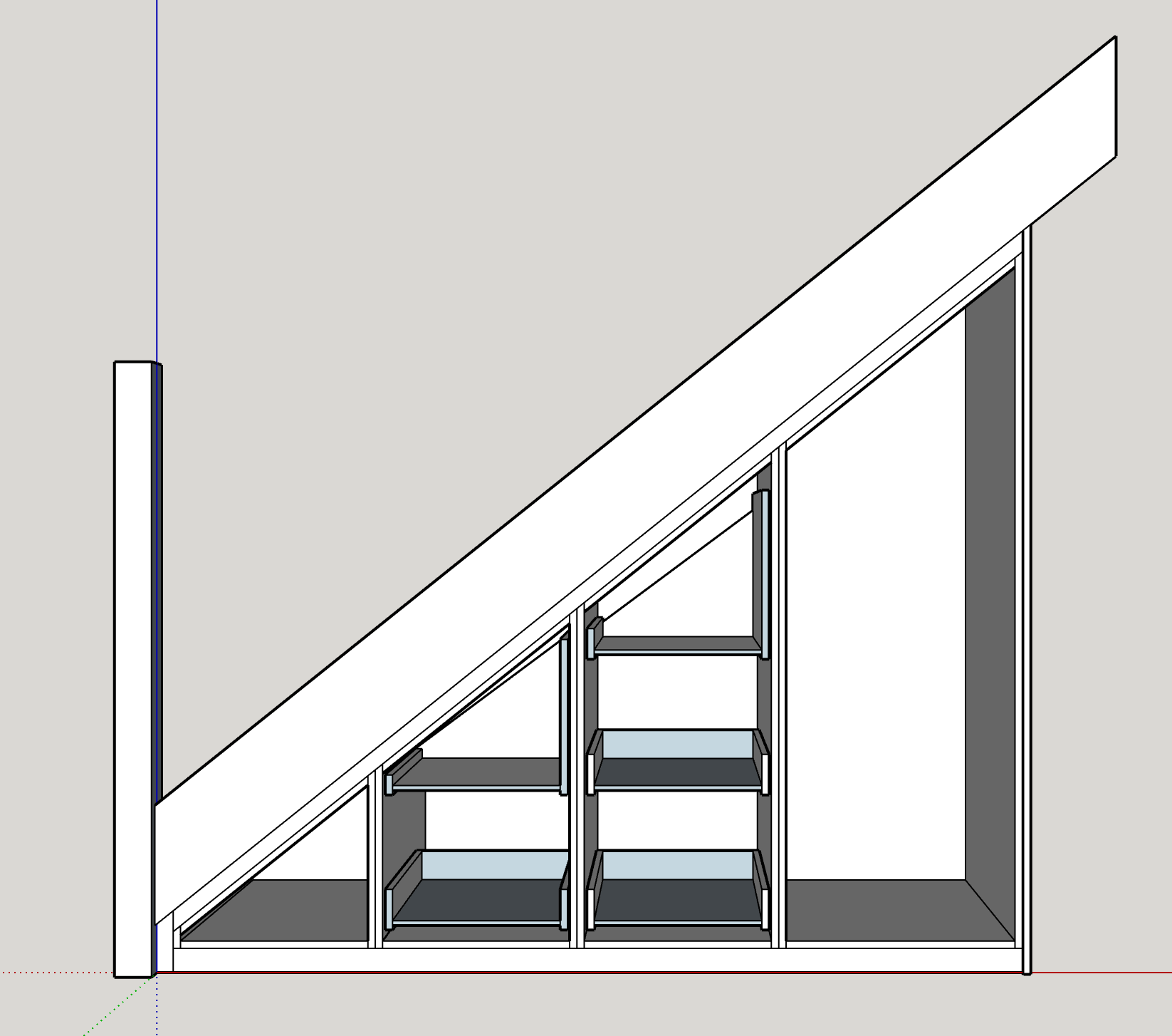Under-stairs storage design drawing showing bespoke staircase drawers, shelving and tall cupboard for a custom fitted joinery project in Kent.