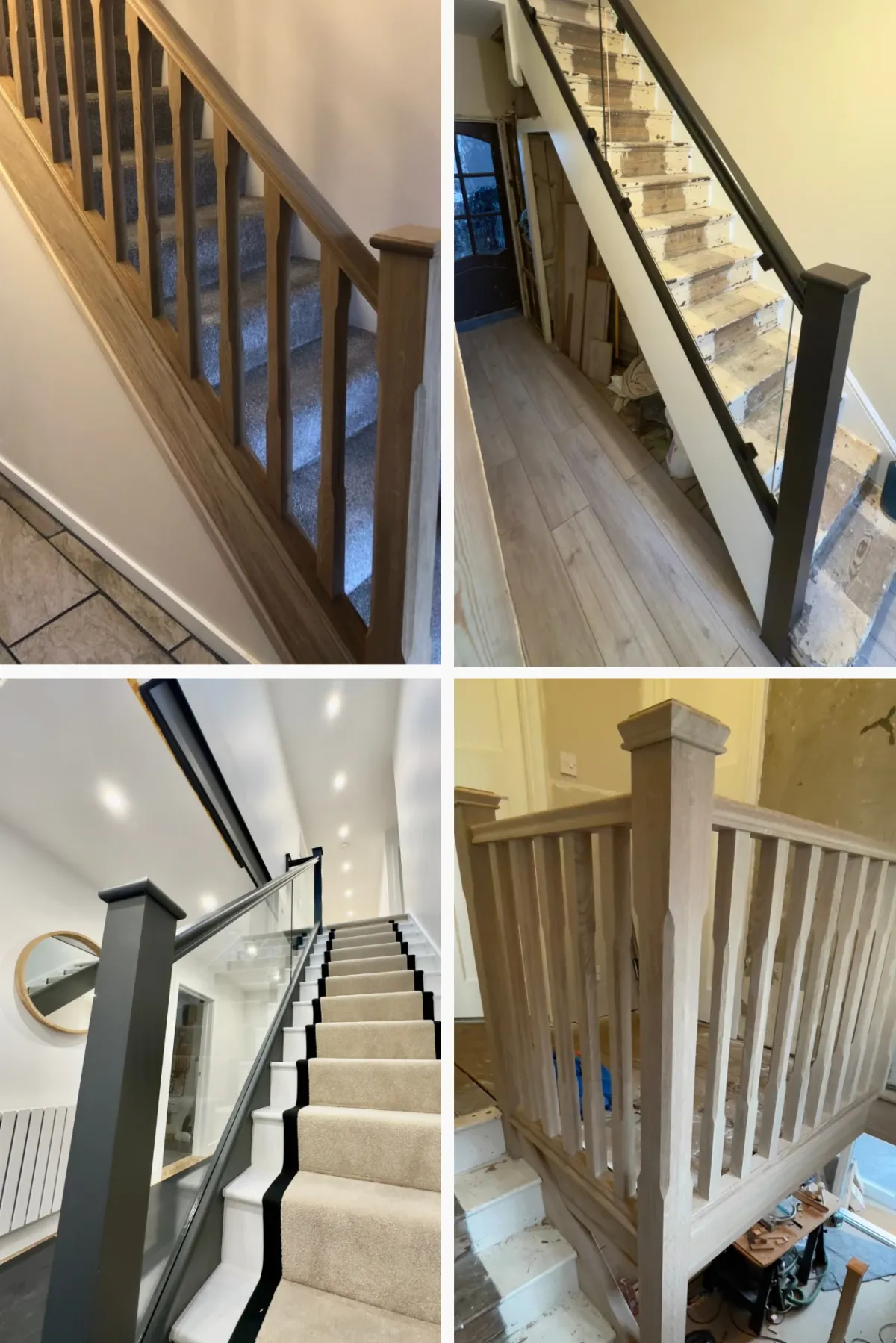 Collage of staircase renovations with wood cladding, glass balustrades, and modern finishes.