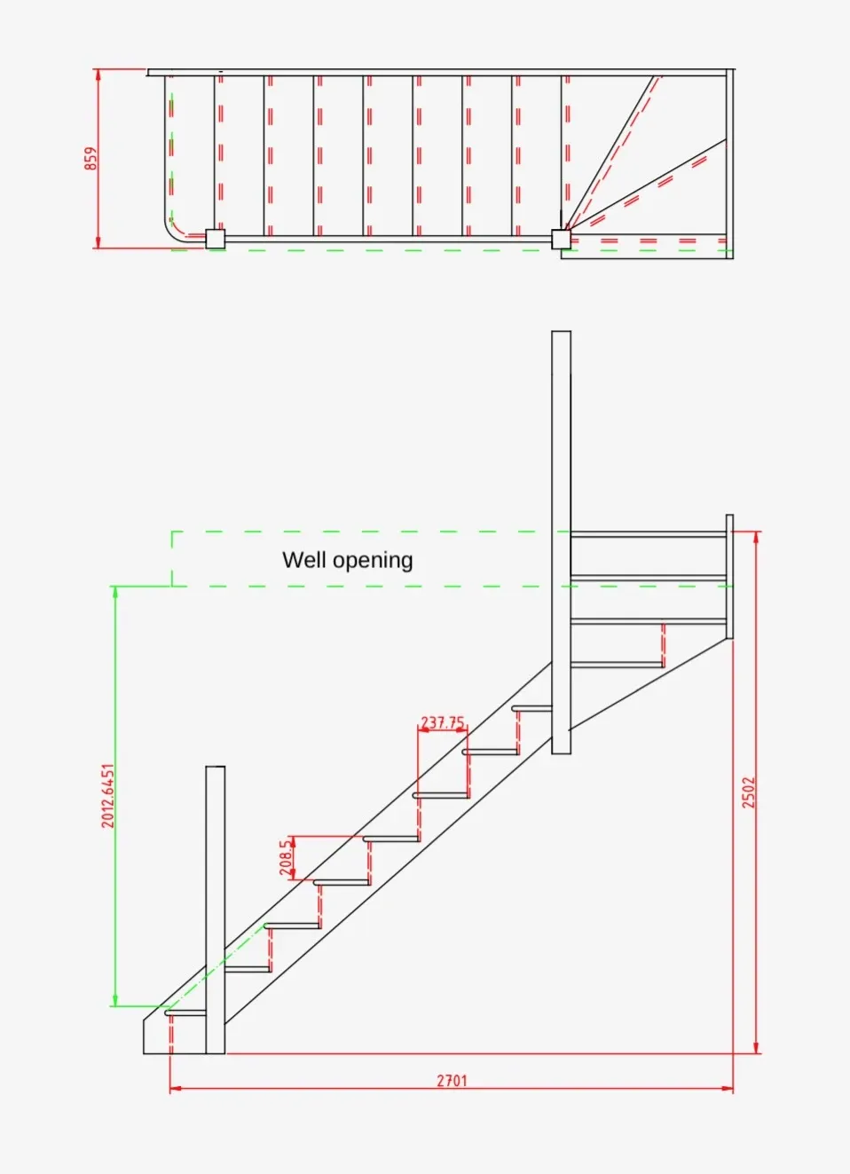 Detailed staircase plan showing measurements and well opening layout for the remodelled staircase.